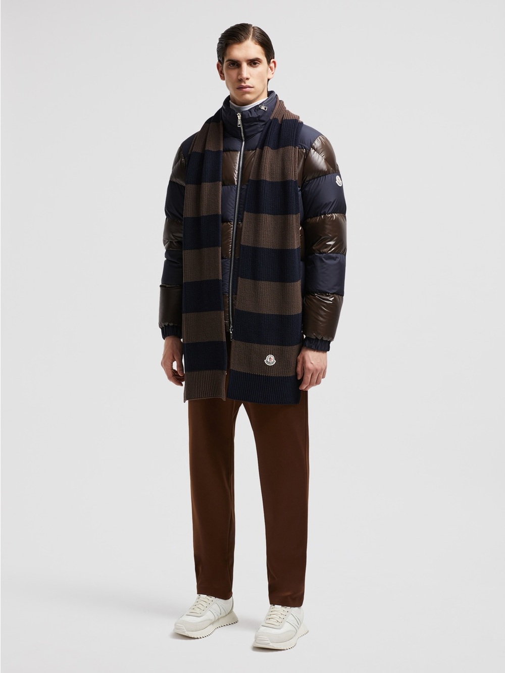 Moncler Navy Brown Striped Knit Scarf Logo Patch